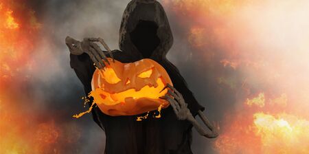 scary spooky halloween. Ripping a pumpkin background 3d-illustrationの写真素材