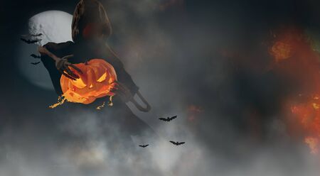 Halloween fog background tear up a Halloween pumpkin and moon, bats and flames 3d-illustrationの写真素材