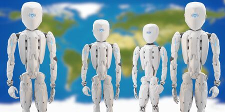 world map blurred design with humanoid robots in front 3d-illustrationの写真素材