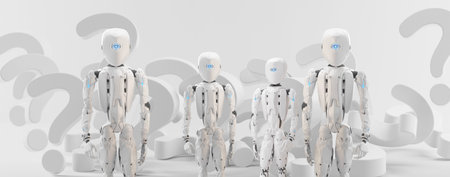 question marks and humanoid robots 3d-illustration