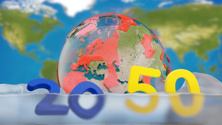 2050 too late, melted ice and sea level rise. planet earth under water 3d-illustration.