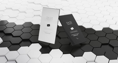 mobile phone dark mode grid hexagons black and white background 3d-illustration