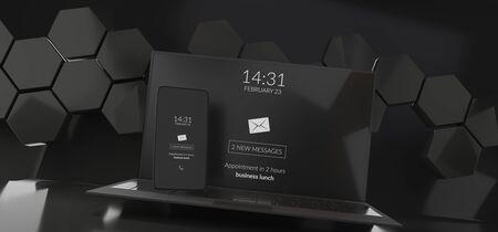 Notebook and mobile phone dark design creative hexagon 3d-illustration technology backgroundの写真素材