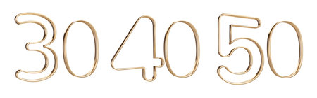 30 40 and 50 thin outline letters golden design 3d-illustration