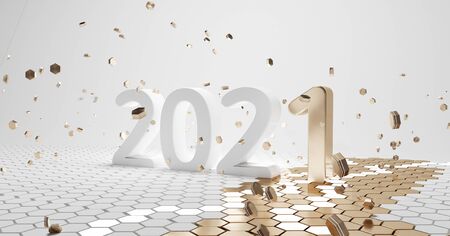 2021 bold letters white golden hexagonal design 3d-illustrationの写真素材
