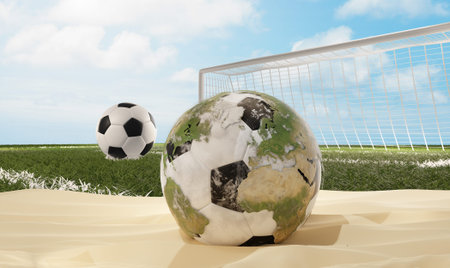 soccer ball in sand desert with world globe design 3d-illustration. elements of this image furnishedの写真素材