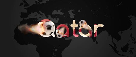 Bold letters Qatar with creative fire soccer ball over world map focused on Qatarの写真素材