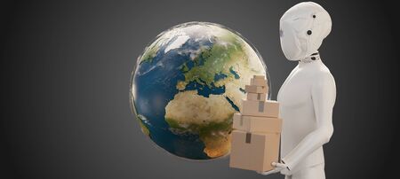 parcel package humanoid robot artificial intelligence 3d-illustration.の写真素材
