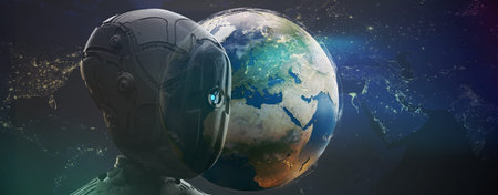 humanoid robot artificial intelligence and world globe planet earth 3d-illustration.