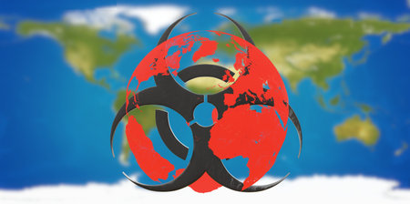 world map with red globe with warning biohazard symbol 3d-illustration.