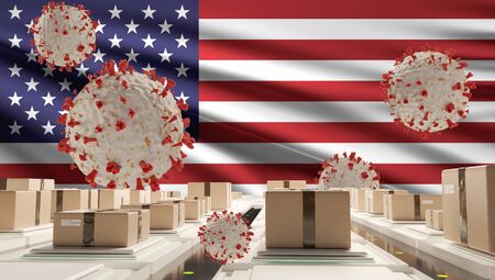 flag of USA packages and symbolic virus cell. logistics center corona virus covid-19 3d-illustrationの写真素材