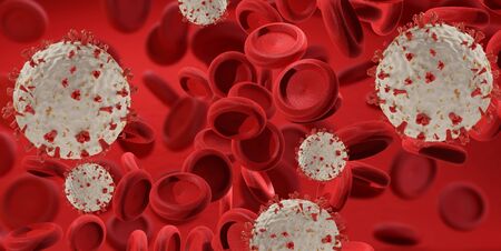 symbolic virus and blood cells. background 3d-illustrationの写真素材