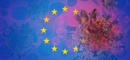 Flag of Europe Coronavirus Virus cell. Corona Virus detail symbolic virus cell. 3d-illustrationの写真素材
