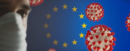 Coronavirus Covid-19 and young man with mask. 30 years old. European. 3d-illustrationの写真素材