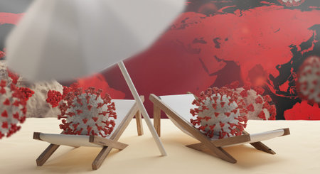 concept of summer travel and SARS-CoV-2 2019-ncov Coronavirus 3d-illustration.の写真素材