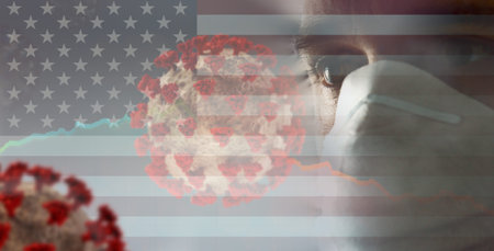 flag of America and young man, 30s Coronavirus background 3d-illustrationの写真素材