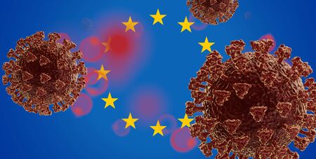 Europe EU background and concept of Coronavirus 3d-illustration covid-19 virus cell symbolic designの写真素材