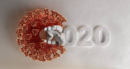 virus with teeth eats the year 2020.3d-illustration backgroundの写真素材