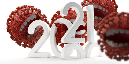 virus with teeth eats the year 2021 3d-illustration