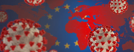 background of Europe and red world map with Coronavirus covid19 3d-illustrationの写真素材