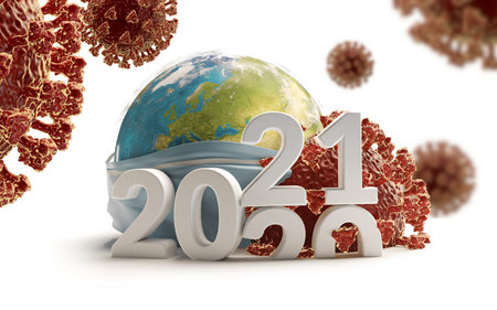 year bold letters 2021 with Coronavirus and globe with respiratory protection face mask...