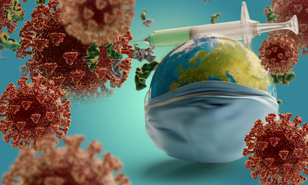 Coronavirus with syringe and globe with respiratory protection face mask 3d-illustration.