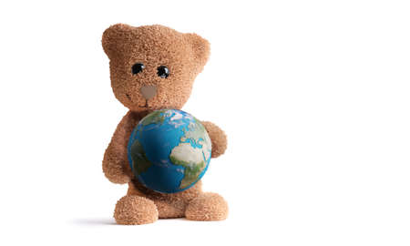 cute fluffy brown teddy bear with planet earth globe. 3d illustration.の写真素材