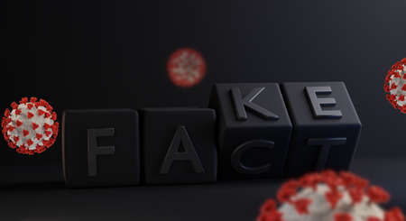 concept of fact or fake. dice with bold letters dark creative design background 3d illustrationの写真素材