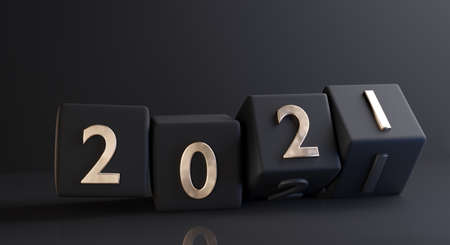 concept of the year 2021. bold letters golden on dices design 3d illustration