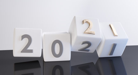 concept of new year change to 2021. dice design golden bold letter one. 3d illustration