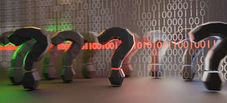 question marks creative design and binary code 3d illustrationの写真素材