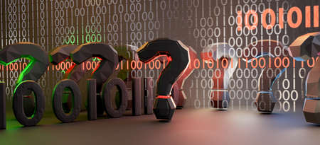 question marks creative design and binary code 3d illustration