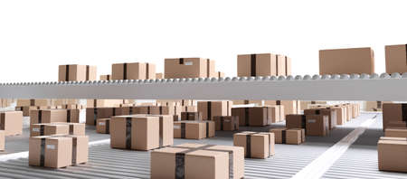 brown parcel packages on conveyor belt background 3d illustration
