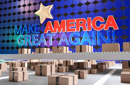 Make America Great Again brown parcel packages on conveyor belt background 3d-illustration