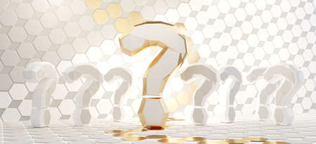white golden design. question marks hexagonal grid design background 3d illustration