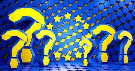 Europe and question mark. color design of the flag of Europe. hexagonal grid design background. 3d...