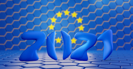 blurred hexagonal design of the flag of Europe and 2021 number rounded creative bold numbers...