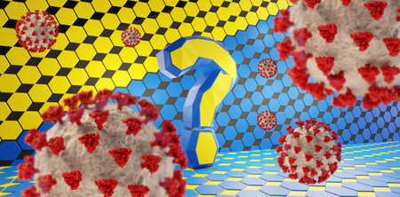 concept of question mark colored as flag of Europe and red Corona Virus Covid-19. 3d illustration