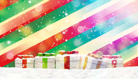 christmas presents in front of creative festive colorful background 3d illustrationの写真素材