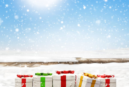 light blue white winter snowflakes and christmas gifts background 3d illustration