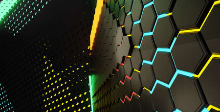 creative abstract design background, hexagonal grid lights illustration background 3d illustrationの写真素材