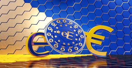 concept of Europe, e-Euro currency hexagonal grid background 3d illustrationの写真素材