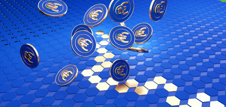 concept of E-Euro, Europe, e-Euro currency hexagonal grid background 3d-illustrationの写真素材