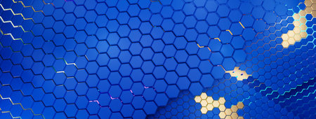 colors of the flag of Europe, hexagonal structure grid background with golden elements and vibrant...