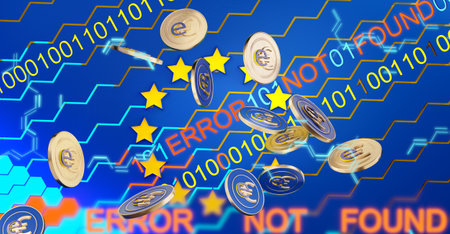 concept of digital error and the digital Euro, e-euro, hexagons creative background, coins 3d-illustrationの写真素材