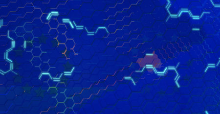 hexagonal structure background. colors of the flag of Europe and light blue lights 3d-illustrationの写真素材