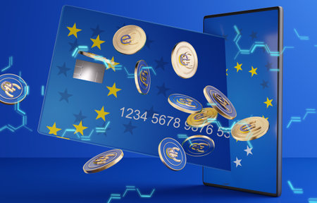 concept of the digital e-Euro with credit card and mobile phone, hexagonal background. colors of the flag of Europe and light blue lights 3d-illustrationの写真素材