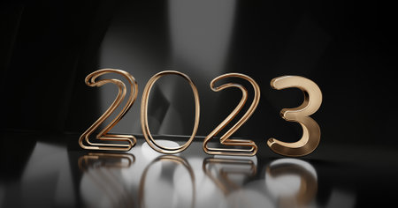 2023 golden symbol light gray white abstract background design 3d illustrationの写真素材