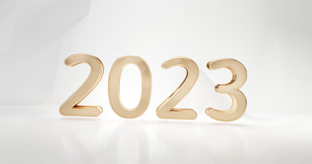 2023 golden symbol light gray white abstract background design 3d illustrationの写真素材