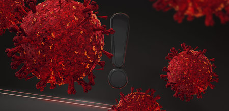 exclamation mark and red virus cells abstract symbolic design 3d-illustration